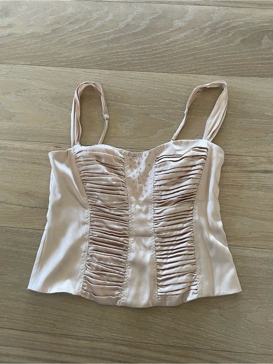 bebe Tops - Satin Ruched Pearl-Accent Cami Top Y2K